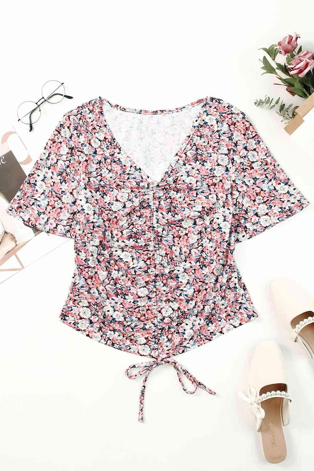 Floral Flutter Sleeve Drawstring Cropped Blouse Blouses - Tophatter Daily Deals