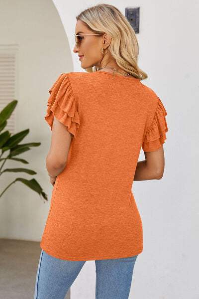 Ruffled V-Neck Flutter Sleeve T-Shirt Women's T-Shirts - Tophatter Daily Deals