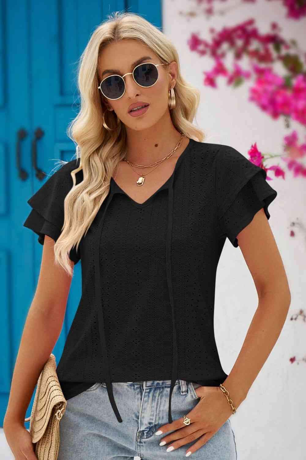 Eyelet Tie-Neck Flutter Sleeve Blouse Blouses - Tophatter Daily Deals