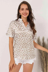 Printed Notched Neck Short Sleeve Top Dust Storm Blouses - Tophatter Daily Deals