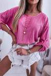 Round Neck Roll-Tab Sleeve Blouse Blouses - Tophatter Daily Deals