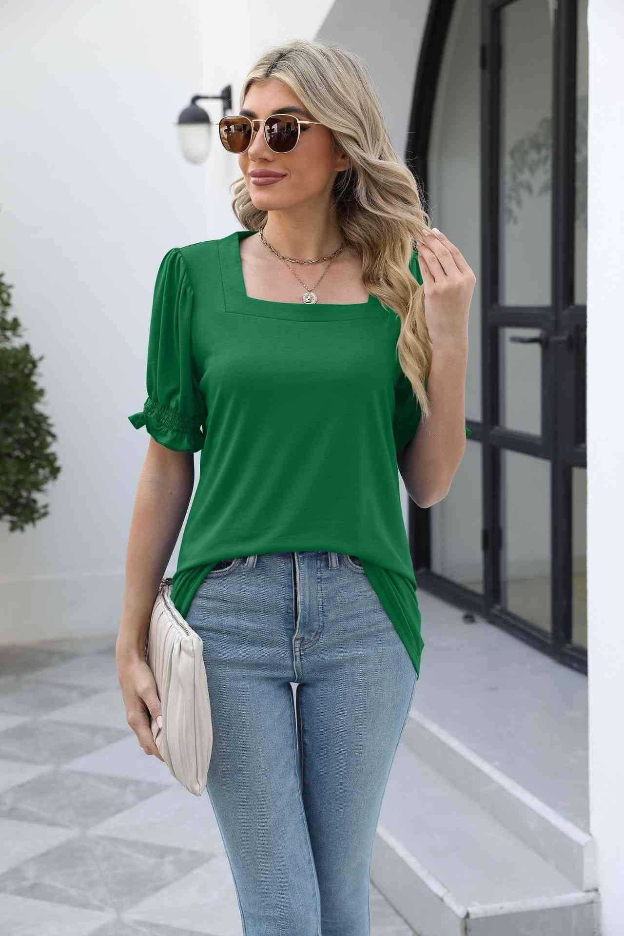 Square Neck Flounce Sleeve Top Forest Blouses - Tophatter Daily Deals