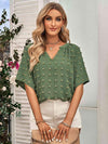 Swiss Dot Notched Neck Flare Sleeve Blouse Blouses - Tophatter Daily Deals