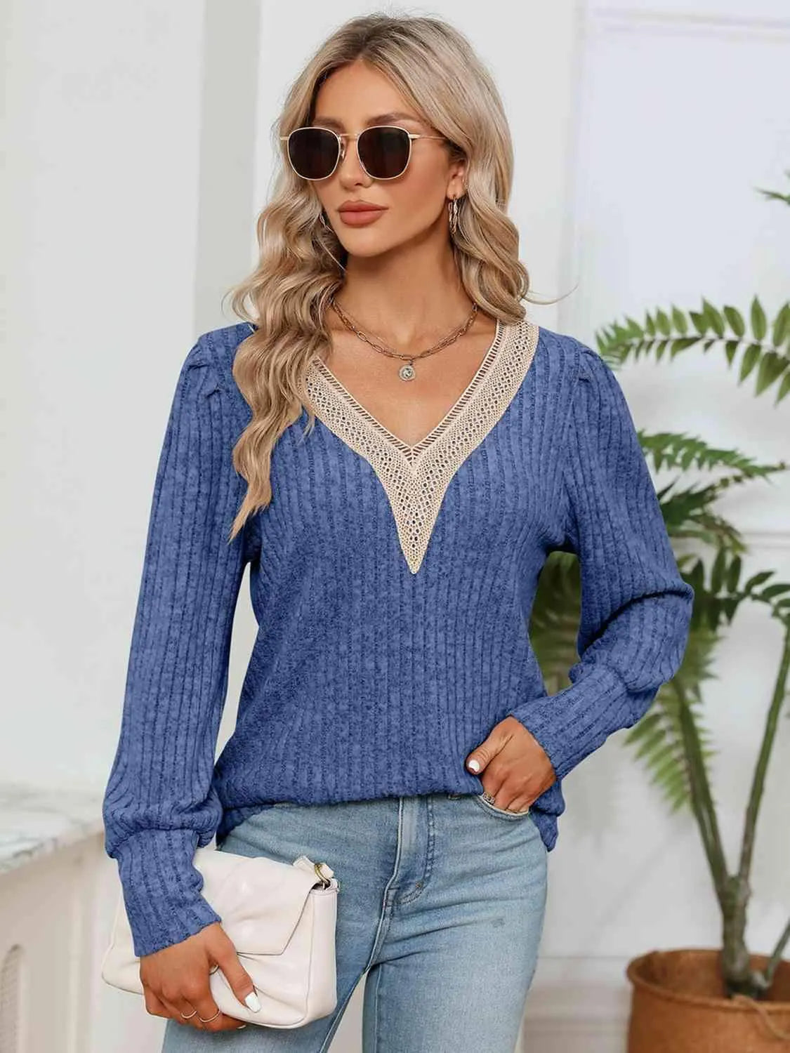 Lace Detail V-Neck Ribbed Blouse Cobalt Blue Blouses - Tophatter Daily Deals