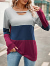 Color Block Cutout Round Neck Long Sleeve T-Shirt Wine Women's T-Shirts - Tophatter Daily Deals