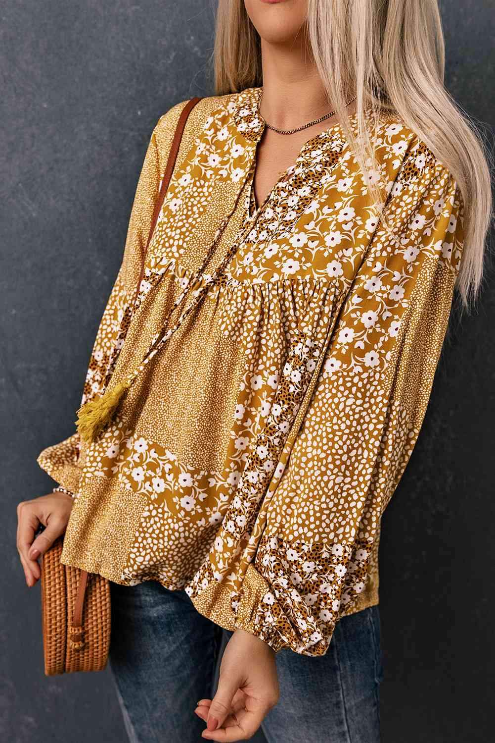 Patchwork Tassel Balloon Sleeve Blouse Blouses - Tophatter Daily Deals