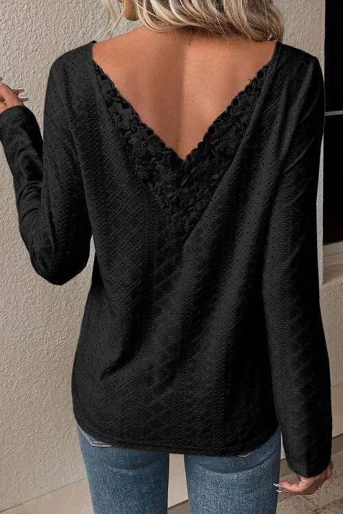 V-Neck Lace Detail Long Sleeve Blouse Blouses - Tophatter Daily Deals