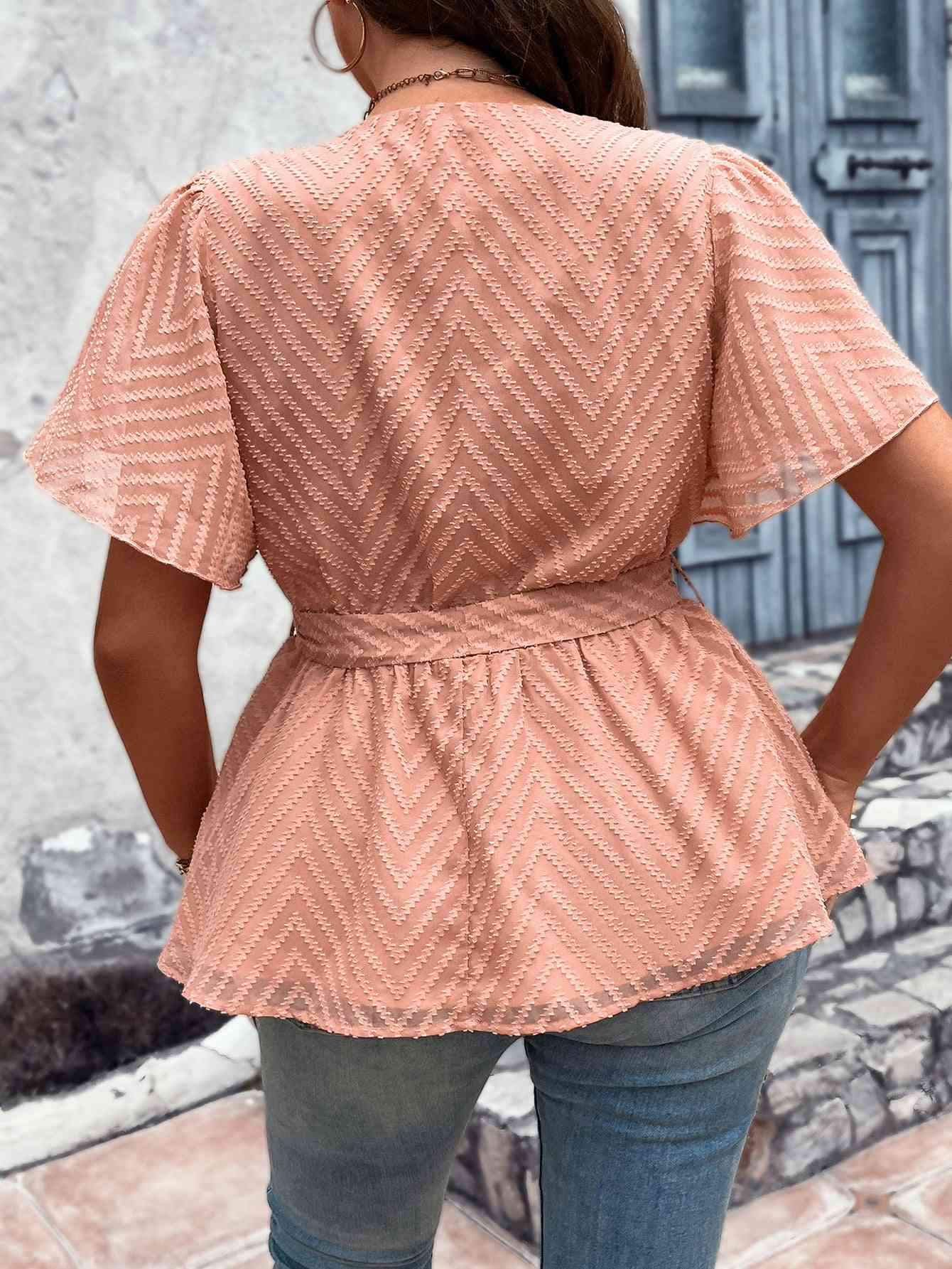 Plus Size V-Neck Flutter Sleeve Tie Waist Blouse Blouses - Tophatter Daily Deals