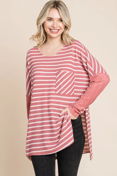 Culture Code Oversize Striped Round Neck Long Sleeve Slit T-Shirt DUSTY ROSE COMBO Blouses - Tophatter Daily Deals