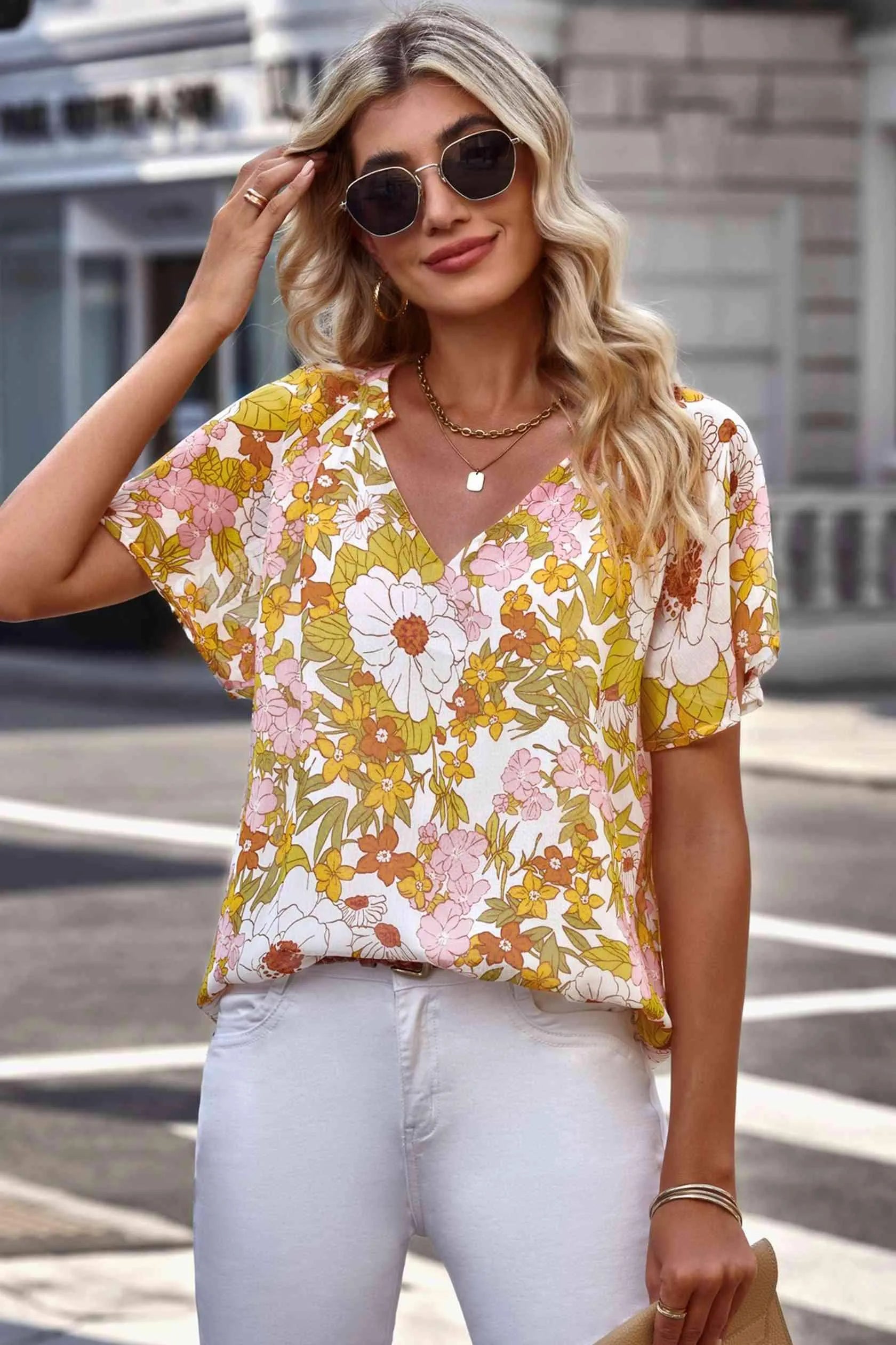 Floral Notched Neck Flutter Sleeve Blouse Mustard Blouses - Tophatter Daily Deals