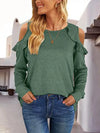 Round Neck Ruffled Cold-Shoulder Blouse Green Blouses - Tophatter Daily Deals