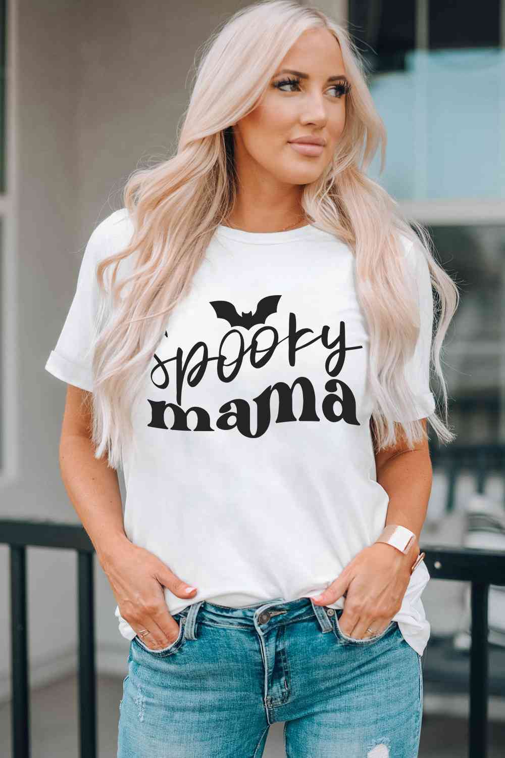 Round Neck Short Sleeve SPOOKY MAMA Graphic T-Shirt Women's T-Shirts - Tophatter Daily Deals