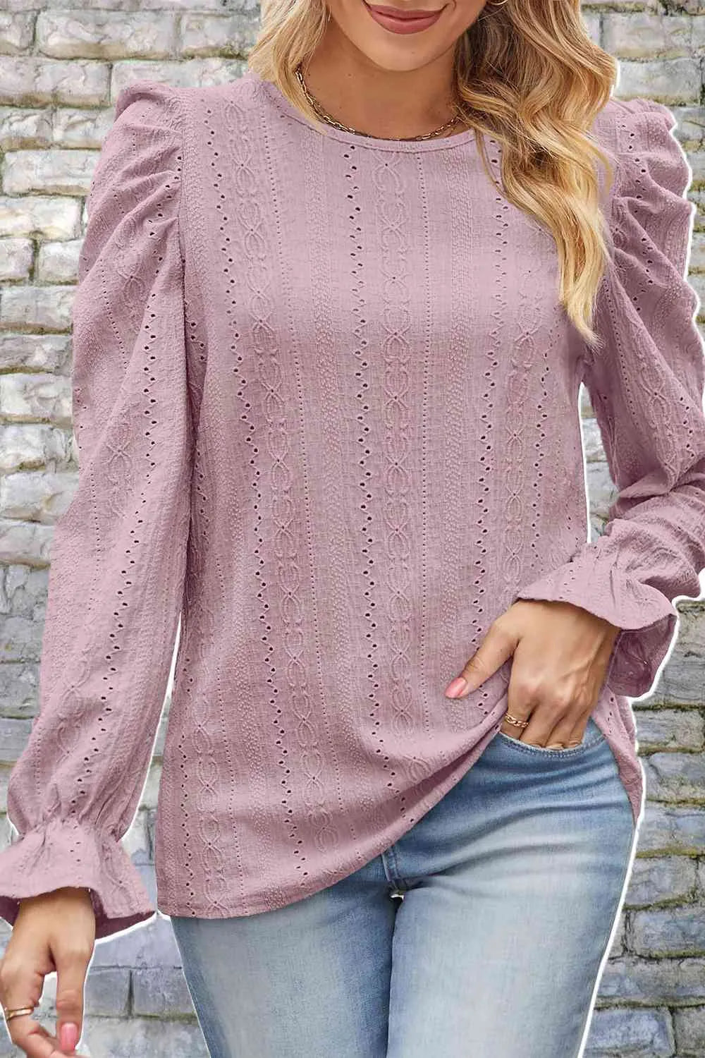 Round Neck Puff Sleeve Blouse Blouses - Tophatter Daily Deals