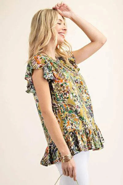 Kori America Full Size Printed Ruffle Hem Cap Sleeve Blouse Blouses - Tophatter Daily Deals