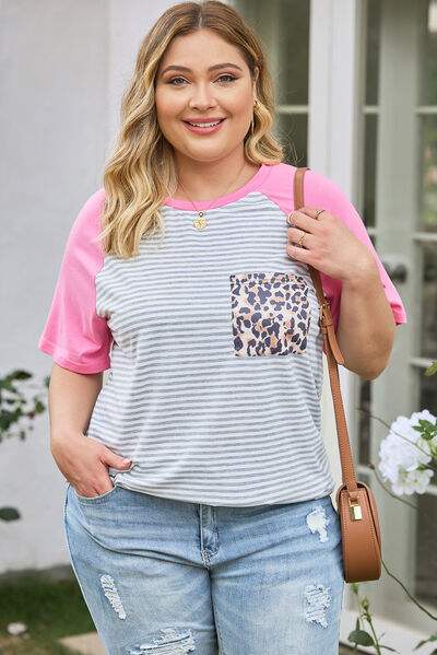 Plus Size Striped Leopard Round Neck T-Shirt Women's T-Shirts - Tophatter Daily Deals