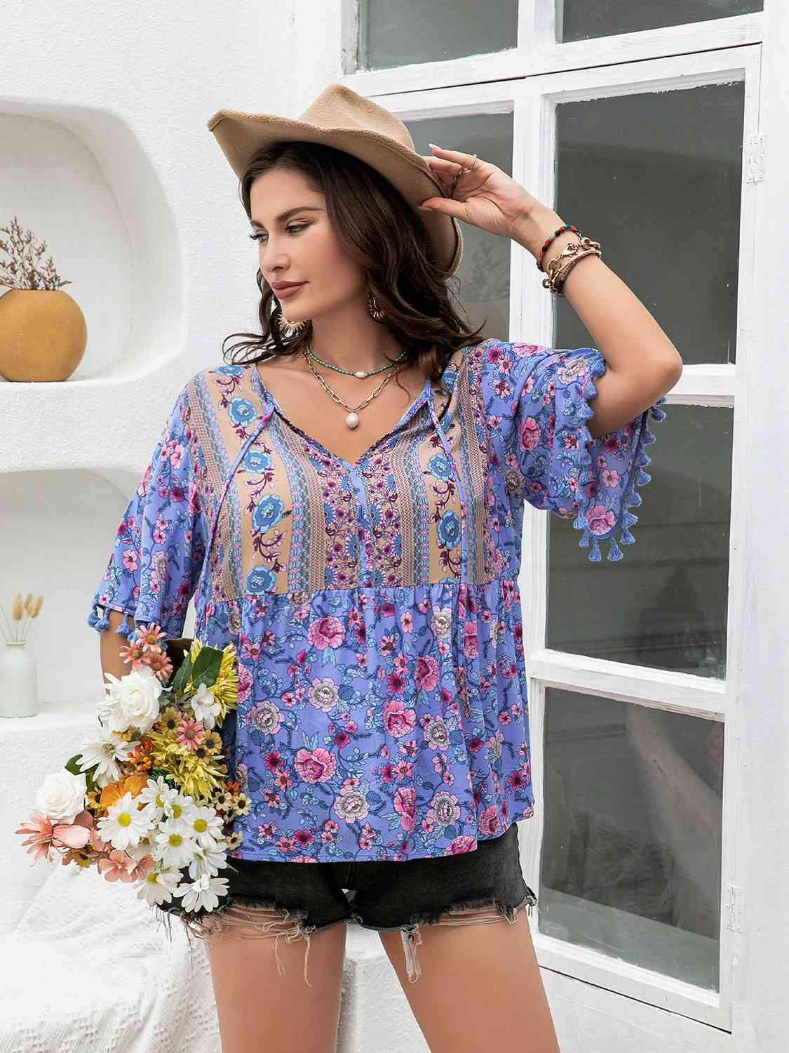 Plus Size Printed V-Neck Half Sleeve Blouse Blouses - Tophatter Daily Deals