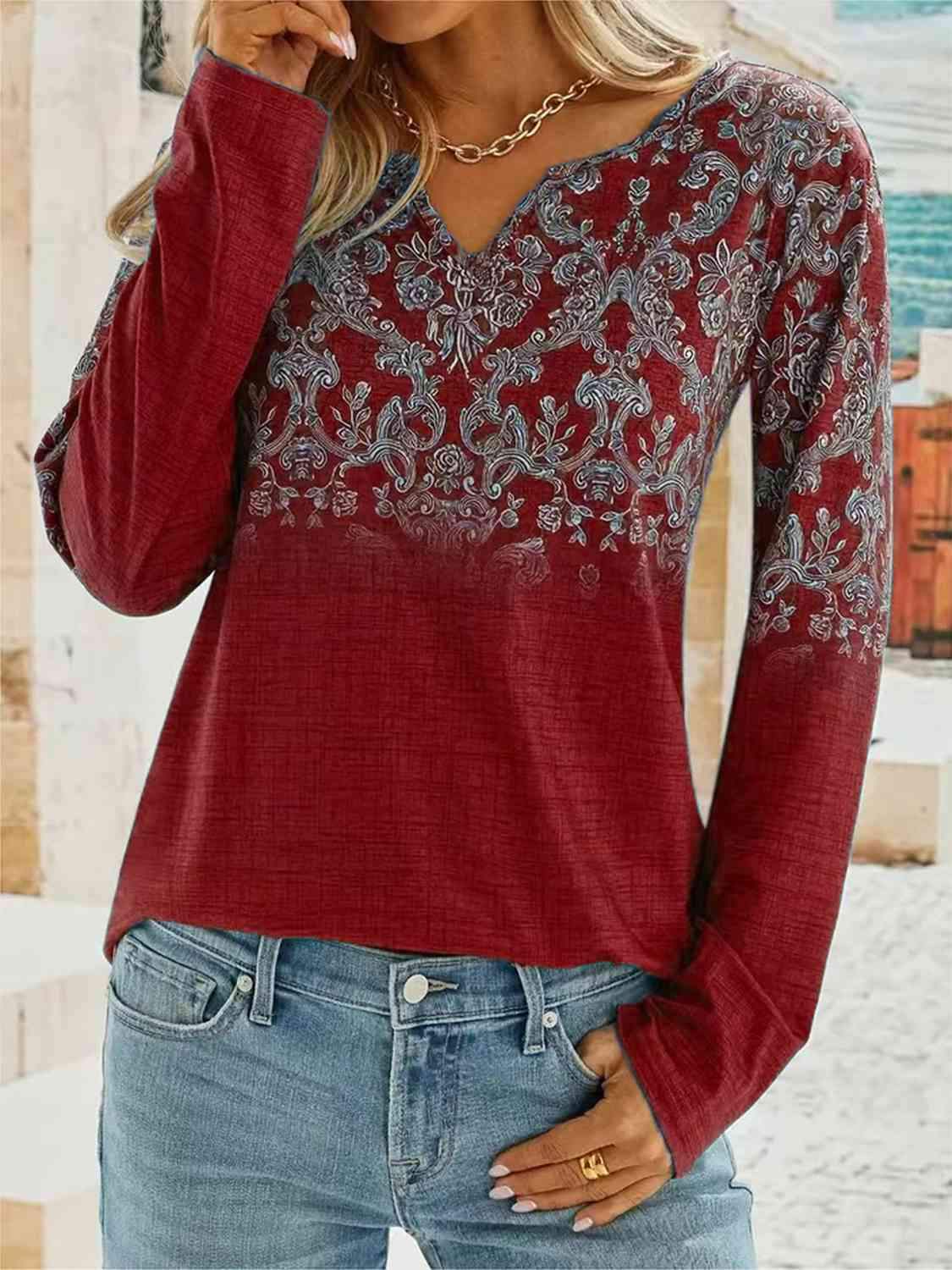 Printed Notched Long Sleeve T-Shirt Deep Red Women's T-Shirts - Tophatter Daily Deals