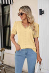 Eyelet Flounce Sleeve Scalloped V-Neck Top Banana Yellow Blouses - Tophatter Daily Deals