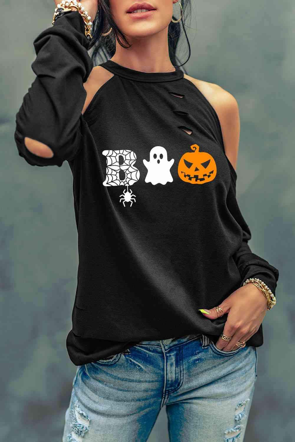 Cold Shoulder Boo Graphic Distressed Blouse Black Blouses - Tophatter Daily Deals