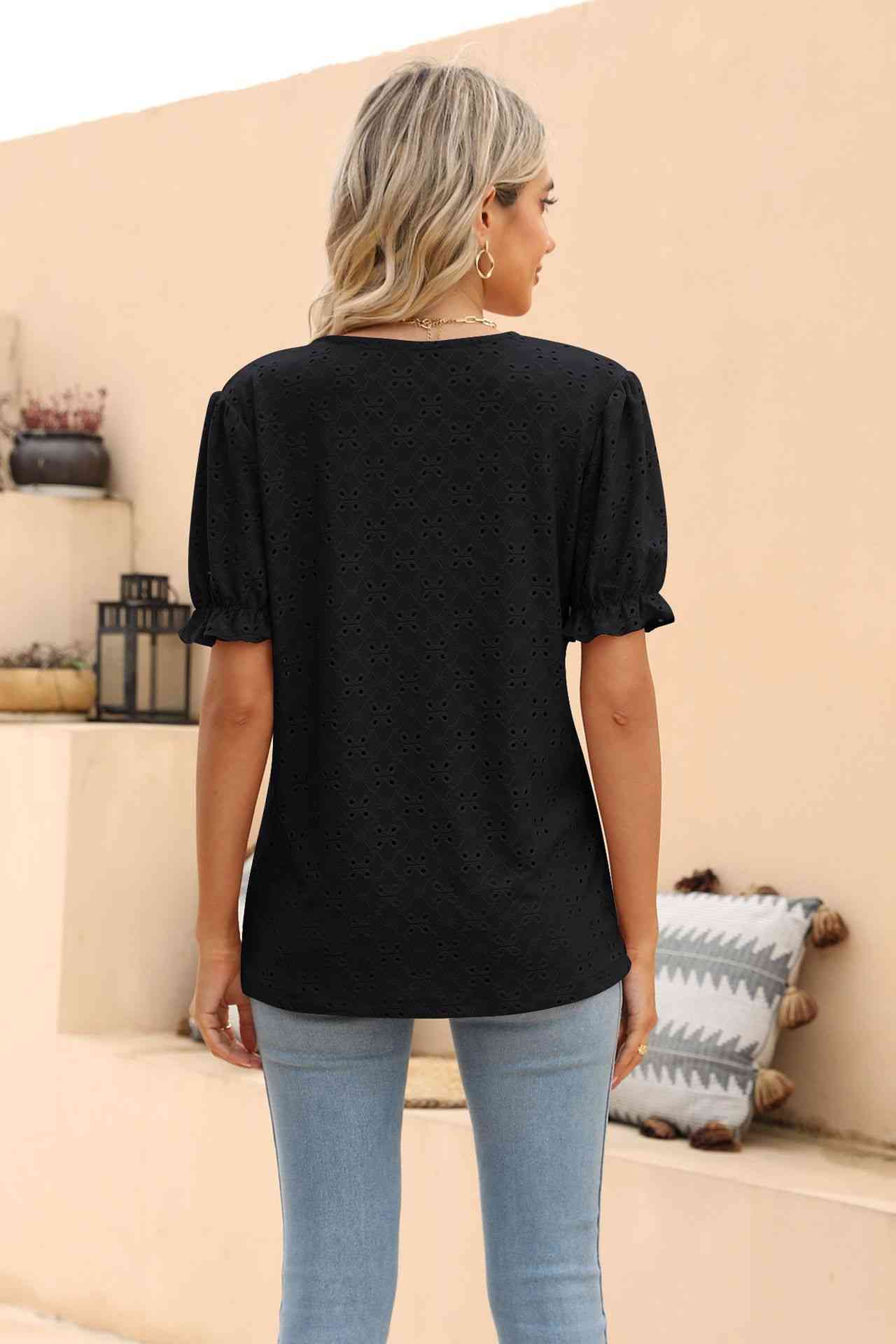 Openwork Round Neck Flounce Sleeve T-Shirt Women's T-Shirts - Tophatter Daily Deals