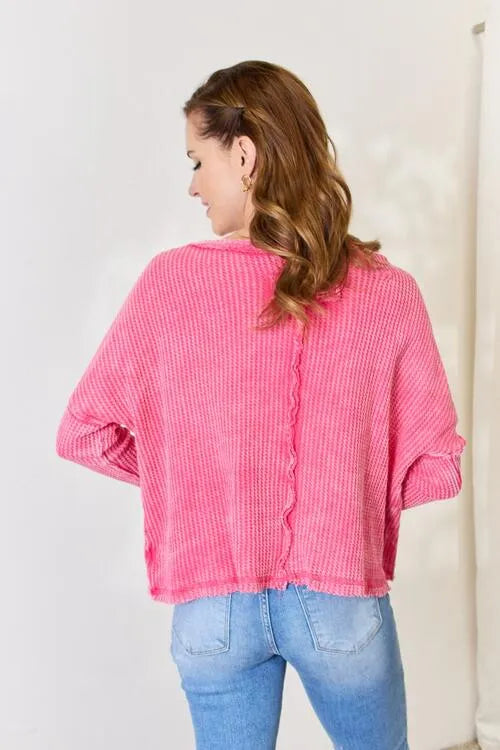 Zenana Washed Waffle-Knit Long Sleeve Top Blouses - Tophatter Daily Deals