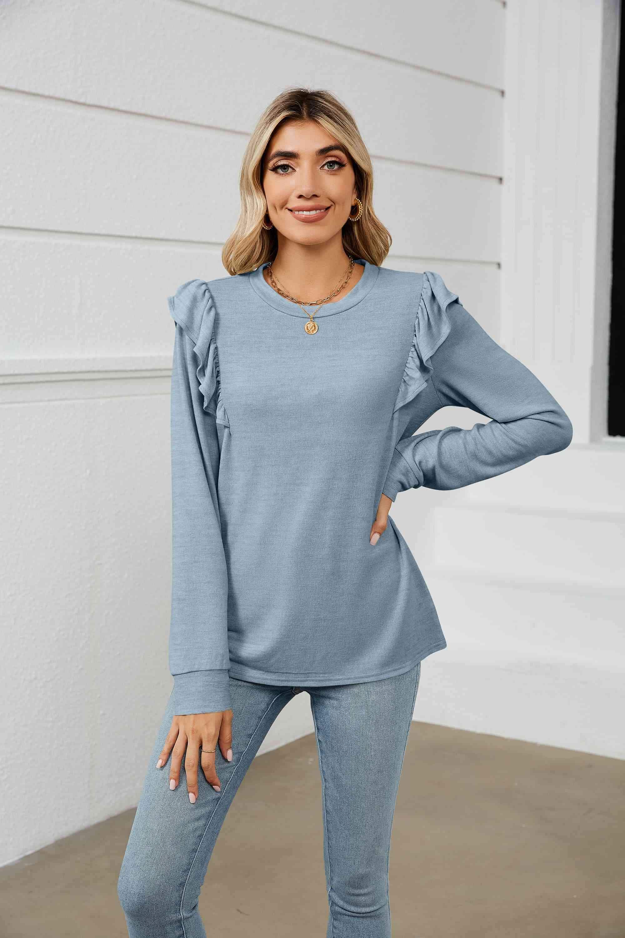 Ruffle Shoulder Long Sleeve T-Shirt Misty Blue Women's T-Shirts - Tophatter Daily Deals