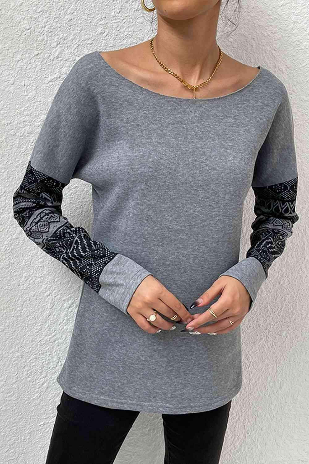 Boat Neck Long Printed Sleeve Blouse Blouses - Tophatter Daily Deals