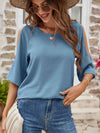 Textured Round Neck Split Sleeve Top Misty Blue Women's T-Shirts - Tophatter Daily Deals