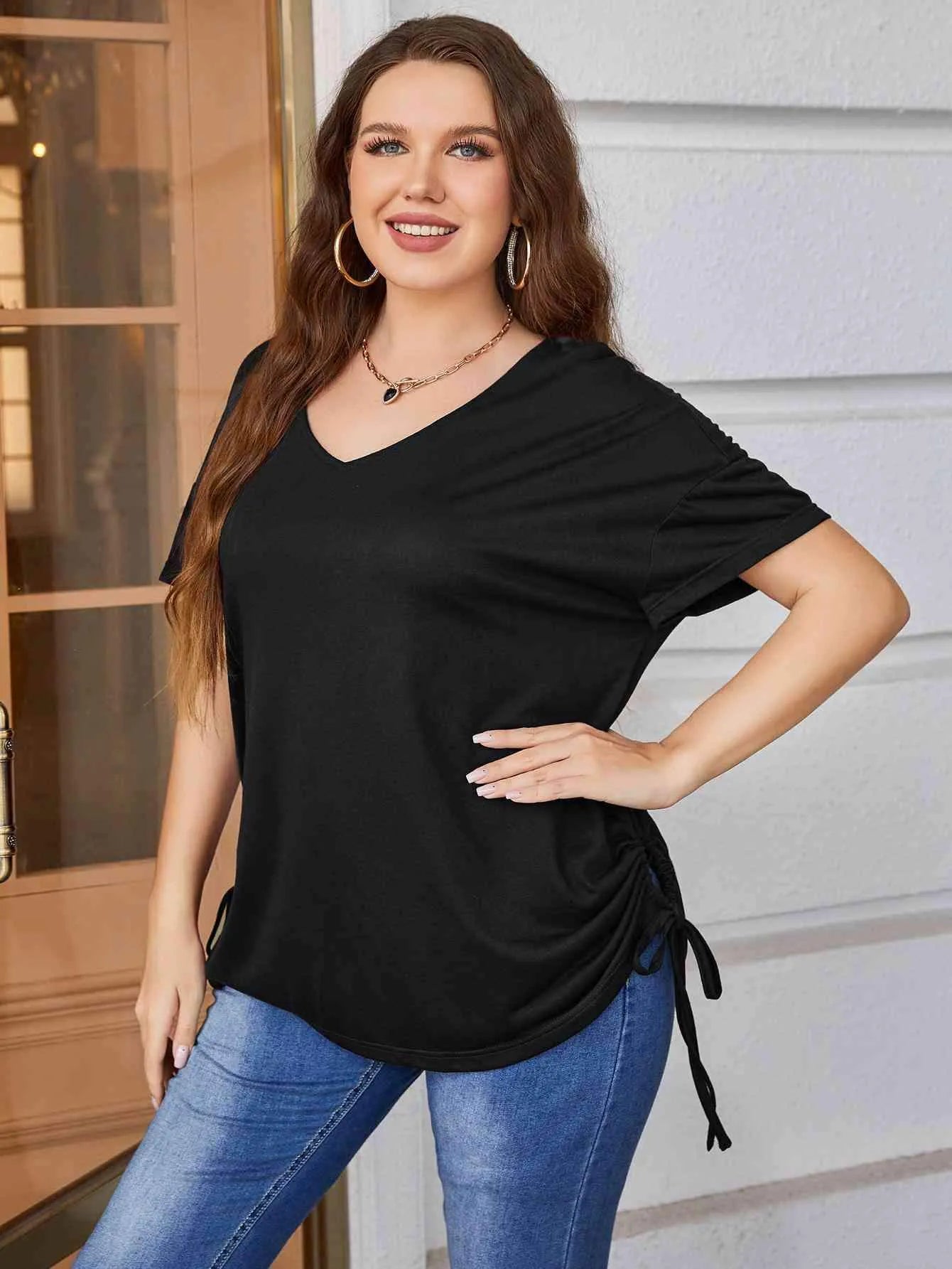 Plus Size Drawstring V-Neck Short Sleeve Blouse Blouses - Tophatter Daily Deals