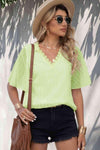 Swiss Dot Lace Trim Flutter Sleeve V-Neck Blouse Blouses - Tophatter Daily Deals