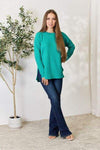 Zenana Round Neck Long Sleeve Slit Top Blouses - Tophatter Daily Deals