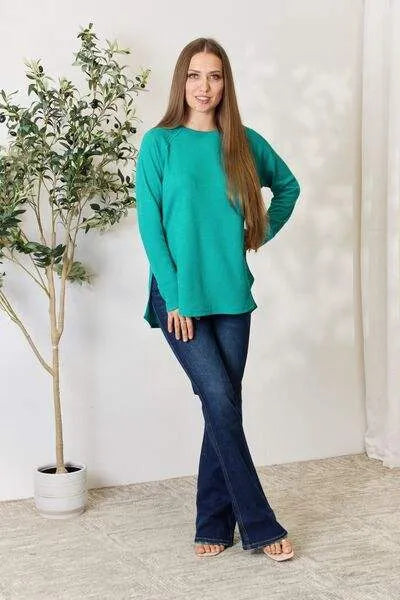 Zenana Round Neck Long Sleeve Slit Top Blouses - Tophatter Daily Deals