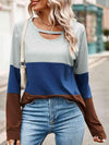 Color Block Cutout Round Neck Long Sleeve T-Shirt Peacock Blue Women's T-Shirts - Tophatter Daily Deals