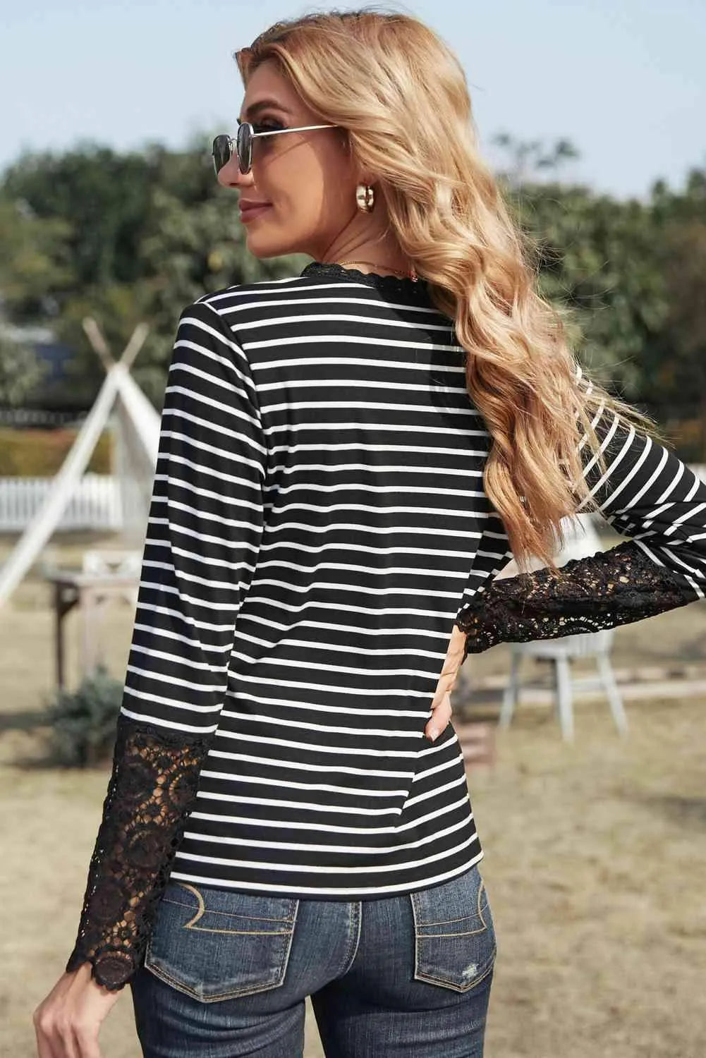 Striped Button-Up Lace Detail Long Sleeve Blouse Blouses - Tophatter Daily Deals