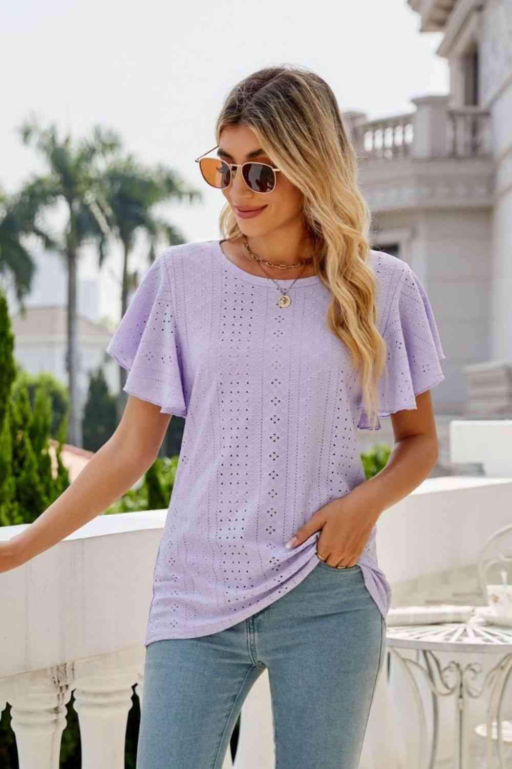 Eyelet Flutter Sleeve Round Neck Top Blouses - Tophatter Daily Deals