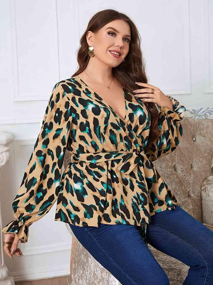 Plus Size Printed Tie Waist Flounce Sleeve Blouse Blouses - Tophatter Daily Deals