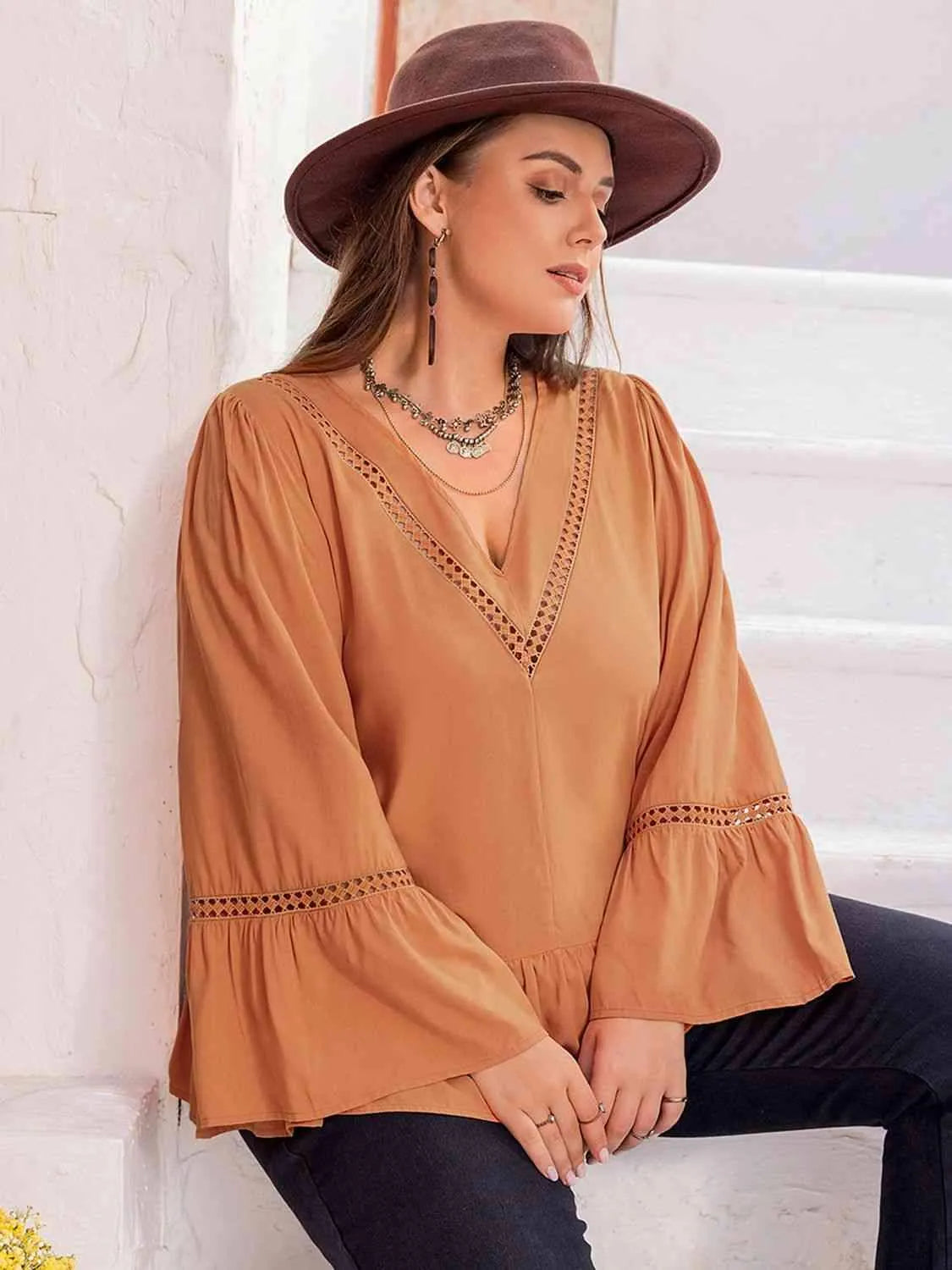 Plus Size V-Neck Peplum Blouse Blouses - Tophatter Daily Deals