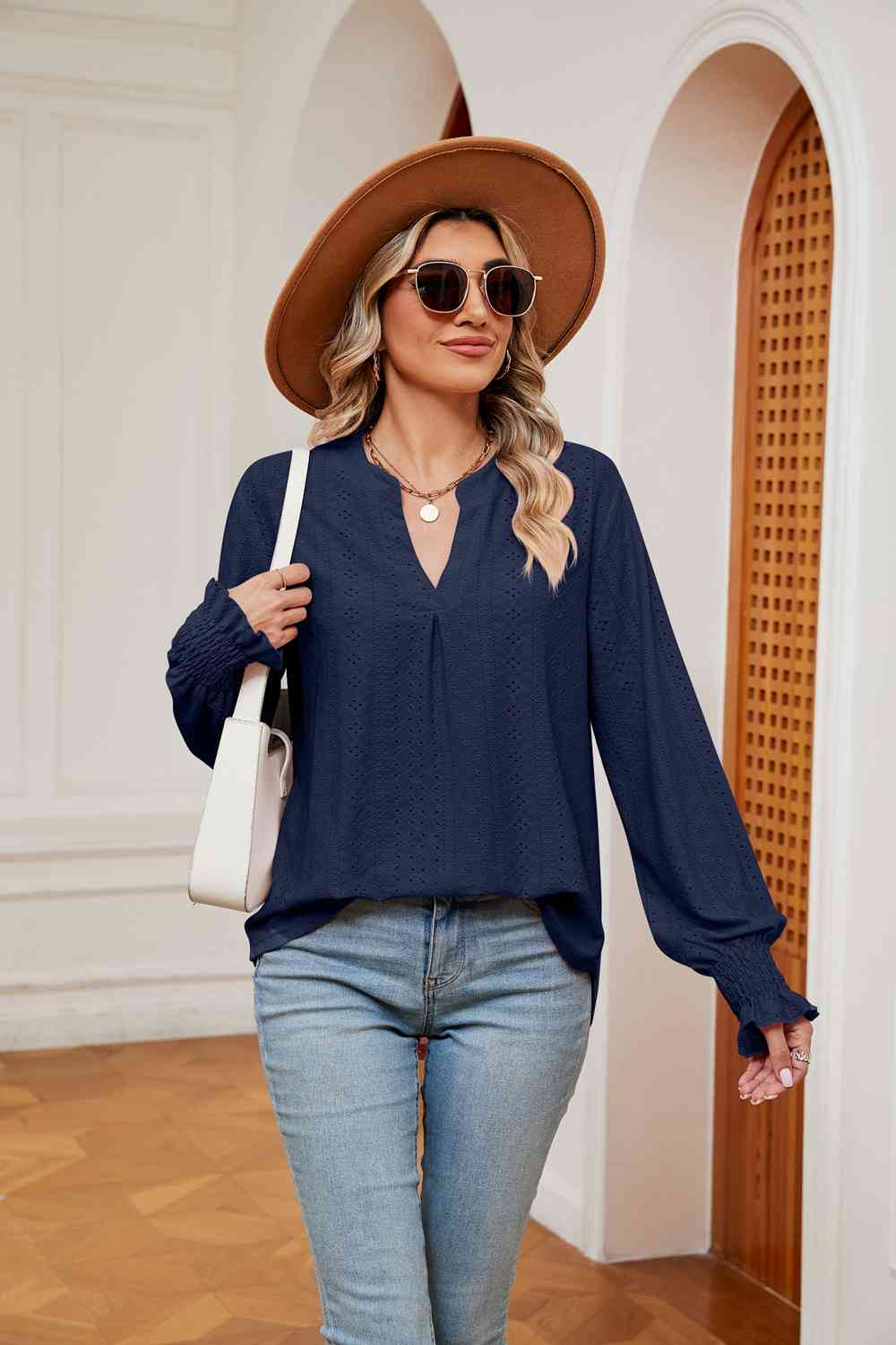 Notched Neck Flounce Sleeve Blouse Navy Blouses - Tophatter Daily Deals