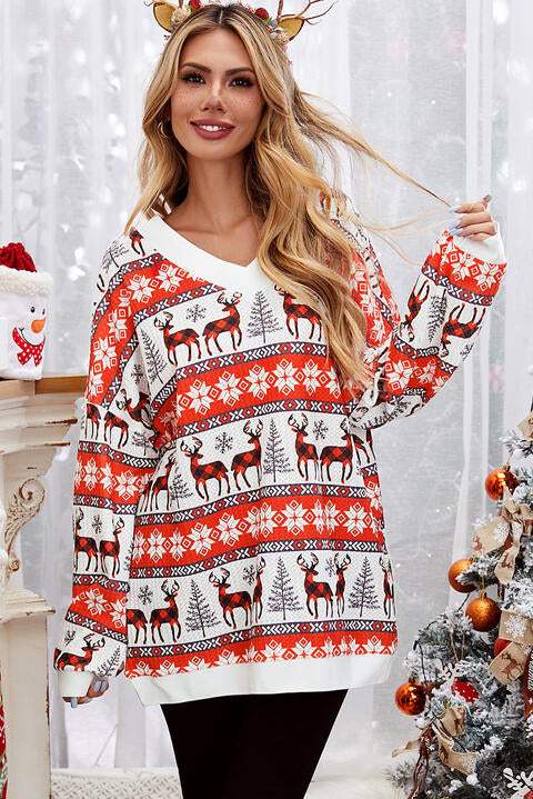 Reindeer V-Neck Long Sleeve Top Blouses - Tophatter Daily Deals