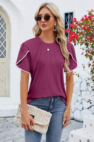 Round Neck Petal Sleeve T-Shirt Wine Women's T-Shirts - Tophatter Daily Deals