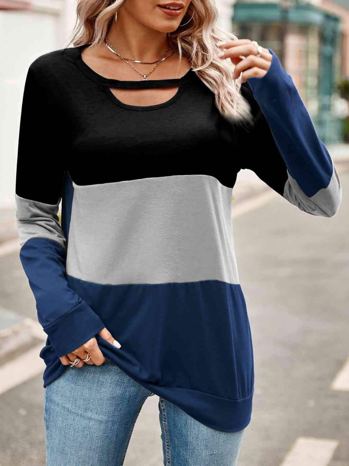 Color Block Cutout Round Neck Long Sleeve T-Shirt Black Women's T-Shirts - Tophatter Daily Deals