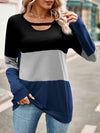 Color Block Cutout Round Neck Long Sleeve T-Shirt Black Women's T-Shirts - Tophatter Daily Deals