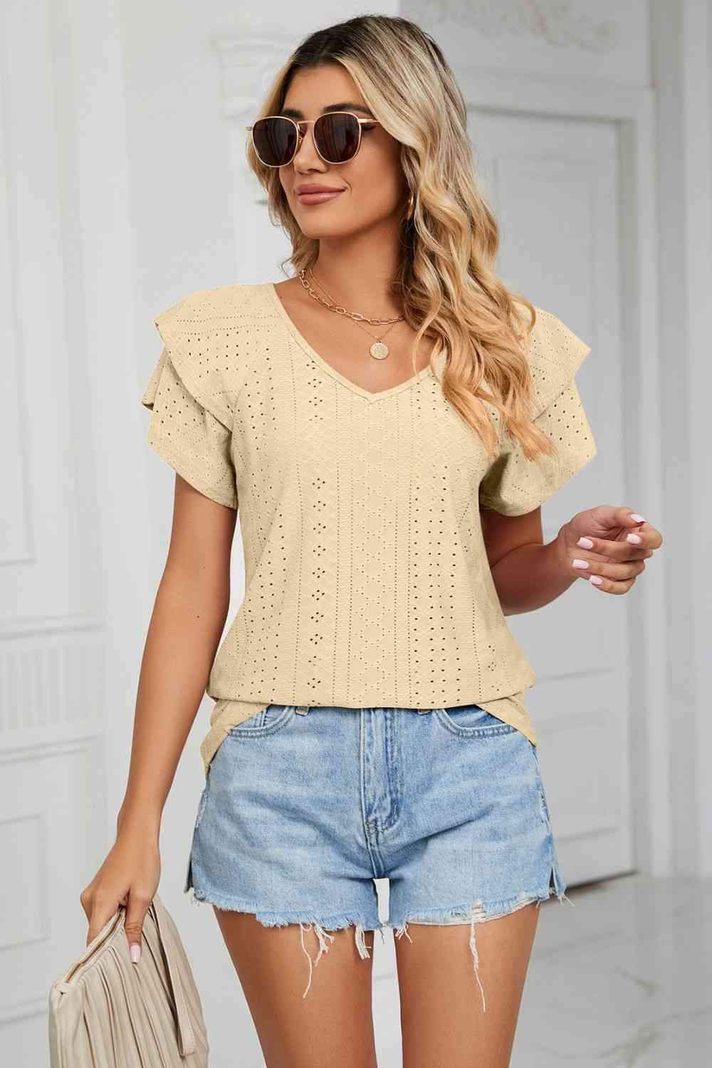 Eyelet Layered Flutter Sleeve V-Neck Knit Top Pastel Yellow Blouses - Tophatter Daily Deals