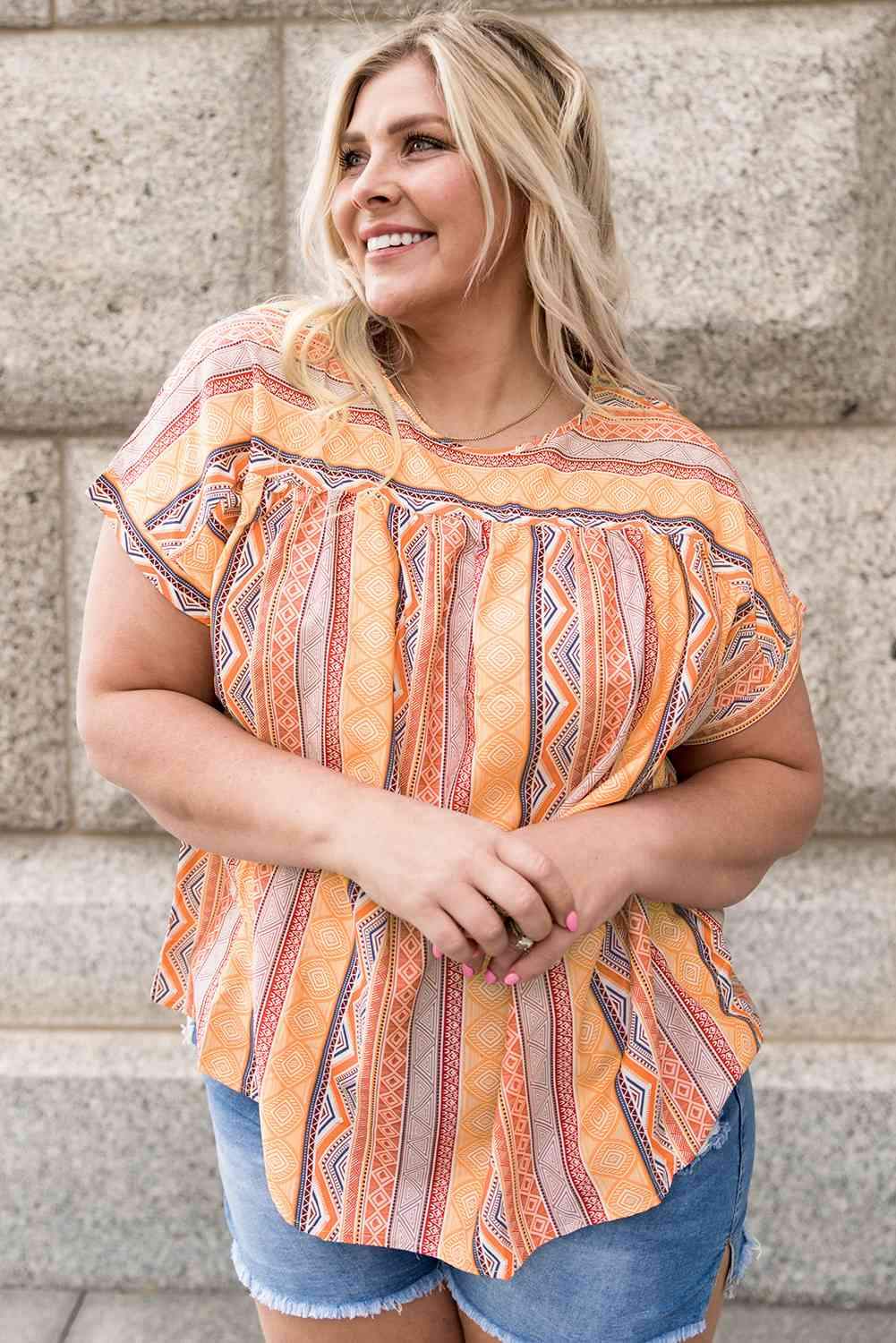 Plus Size Geometric Print Short Sleeve Top Multicolor Blouses - Tophatter Daily Deals