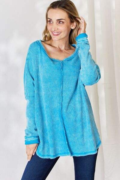 Zenana Oversized Waffle Long Sleeve Top Blouses - Tophatter Daily Deals