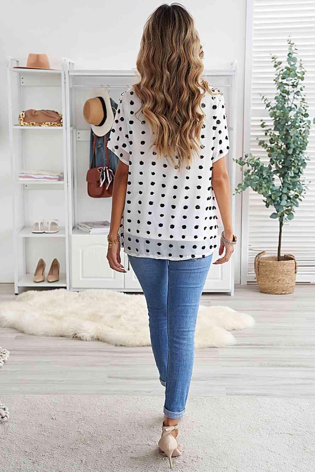 Swiss Dot Round Neck Blouse Blouses - Tophatter Daily Deals