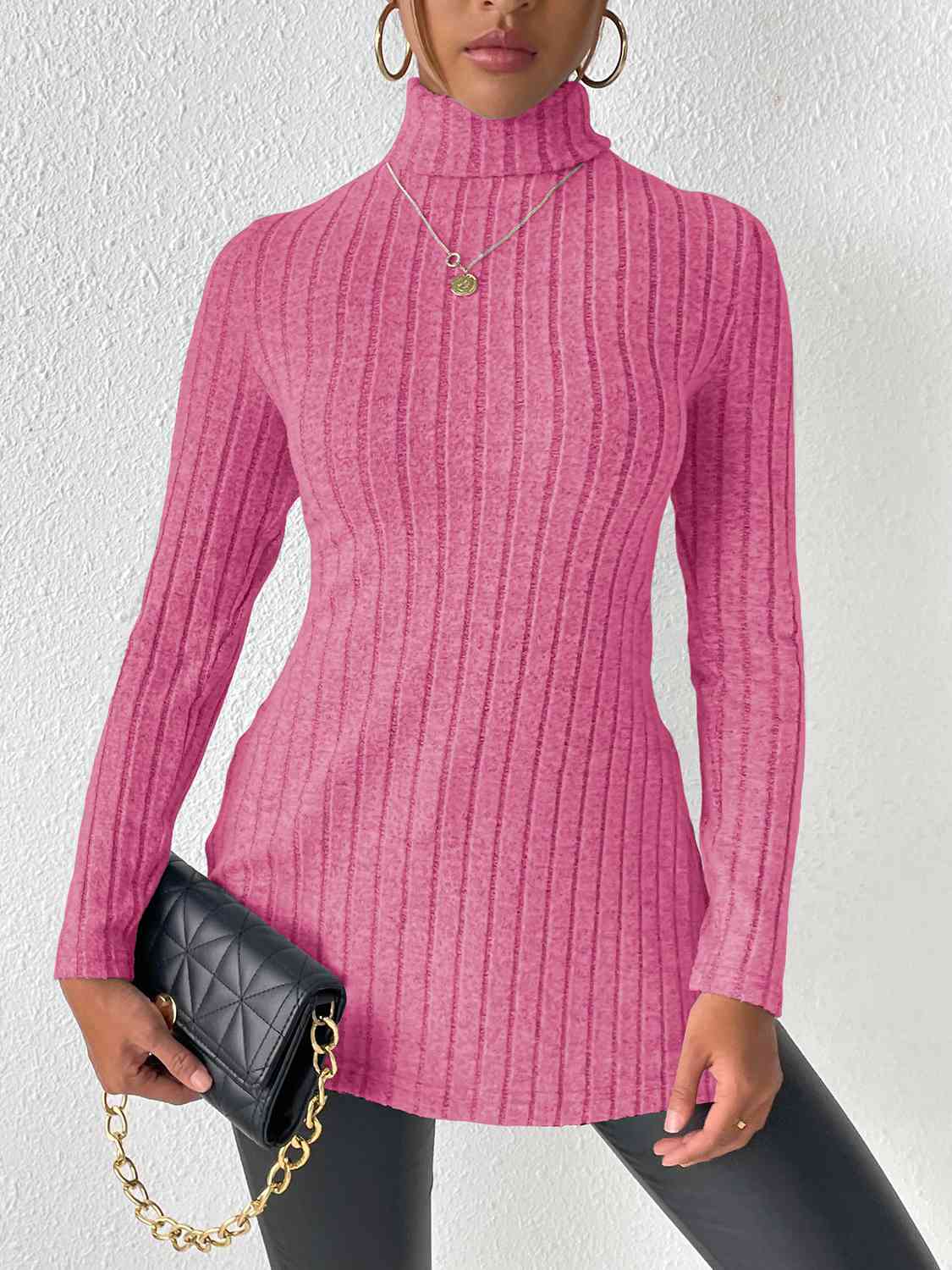 Ribbed Turtleneck Long Sleeve Slit T-Shirt Hot Pink Women's T-Shirts - Tophatter Daily Deals