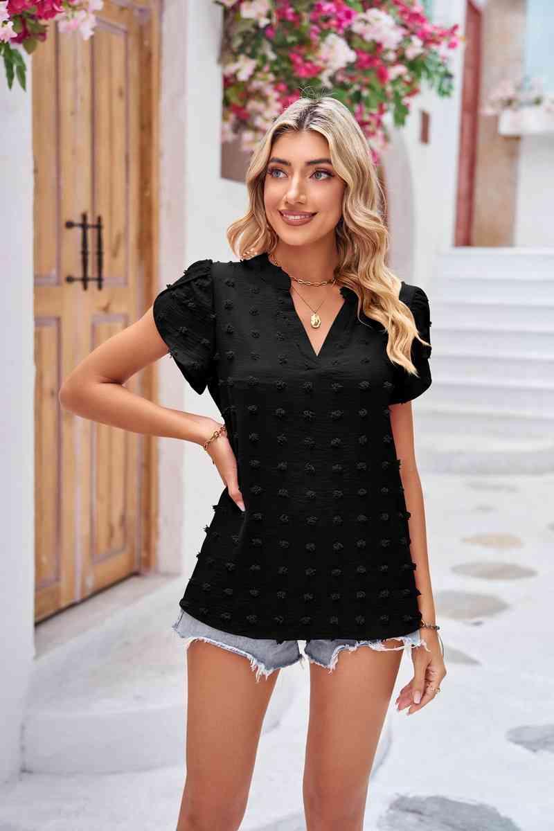 Swiss Dot Petal Sleeve Notched Top Black Women's T-Shirts - Tophatter Daily Deals