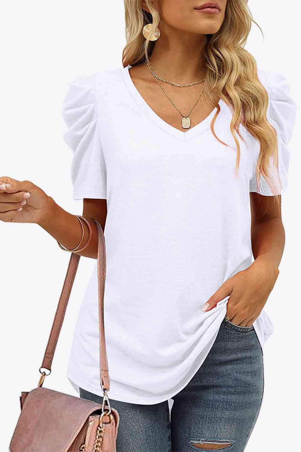 V-Neck Puff Sleeve Tee Women's T-Shirts - Tophatter Daily Deals