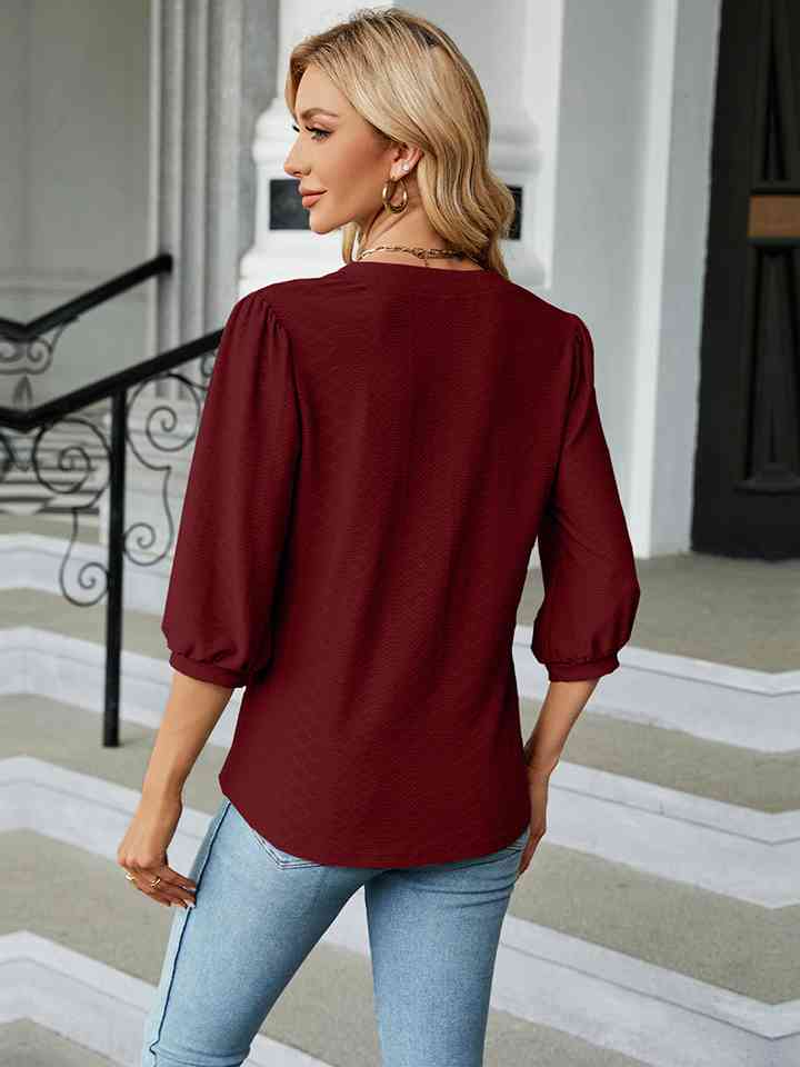 Notched Neck Three-Quarter Sleeve Blouse Women's T-Shirts - Tophatter Daily Deals